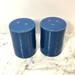 French Blue Ceramic Salt & Pepper Shakers Vtg Cylindrical Country Blue 3.5" Tall